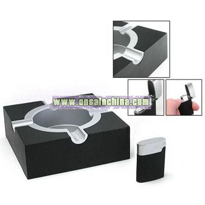 Cigar Cigarette Windproof Lighter and Ashtray-Classical Black Square and Pewter Design