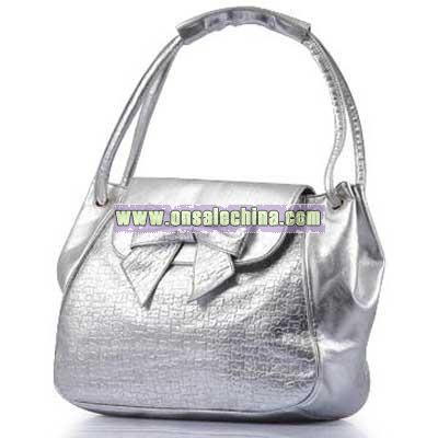 Fashionable Glossy Finish Gray Handbag with Bow