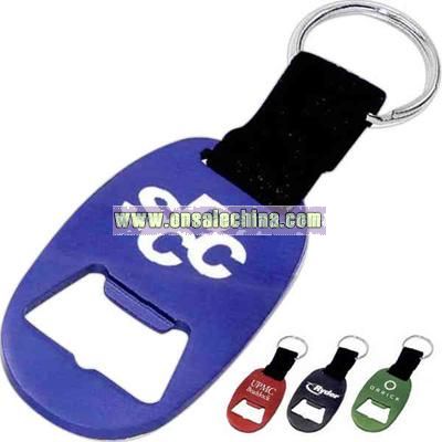 Aluminum bottle opener with web strap and split keyring