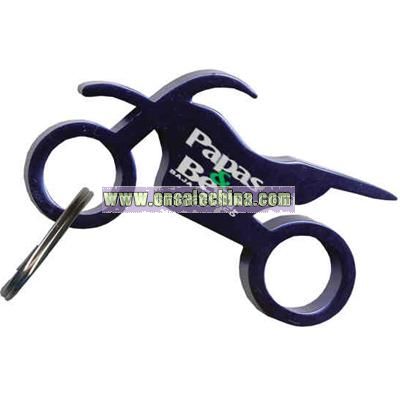 Motorcycle shaped bottle opener and key tag