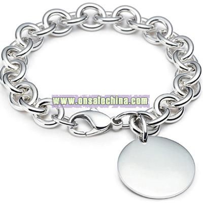 Women's Sterling Silver Round Brand Charm Chain Bracelet