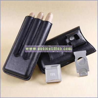 Personalized Cigar Case with Lighter & Cigar Cutter Set