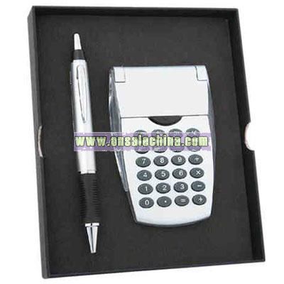Flip top calculator with coordinated pen gift set