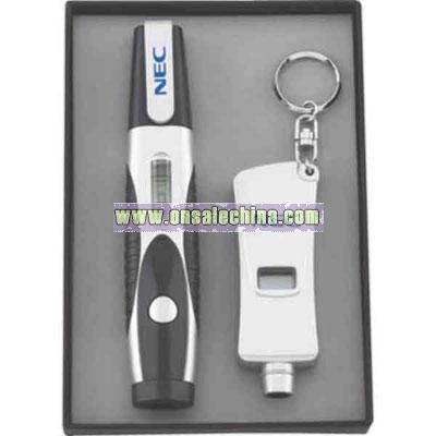 Gift set with screwdriver flashlight and tire gauge keychain