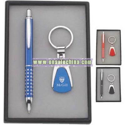 Gift set with metal ballpoint pen and key chain in gift box