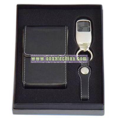 Gift set of LED key chain and leather card case