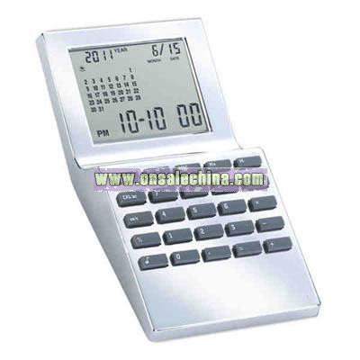 Silver calculator with clock, alarm, calendar and world time