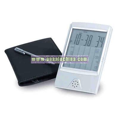Clock with touch screen, calculator, world time, currency convertor, and stylus