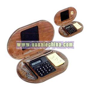 Wooden stationery set with 8 digit dual powered calculator