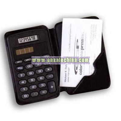 Dual power calculator with a pocket to carry business cards