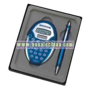 Modern oval calculator and pen set in custom gift box