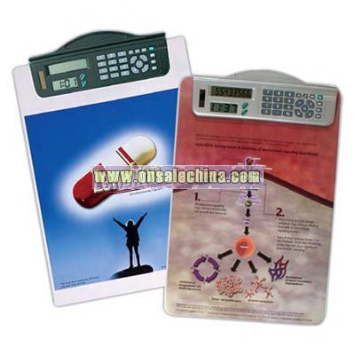 Letter size opaque clipboard with dual power calculator /clock clip