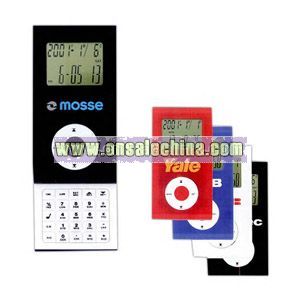 iPod shaped plastic calculator displays 8 digits and calendar with world alarm clock