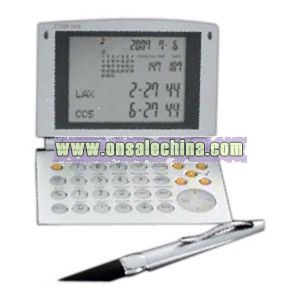 Gift set with world time alarm clock / calculator / currency converter with Cybertime and retractable metal pen with rubber grip.