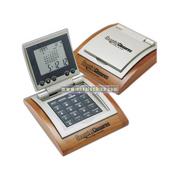 16 major cities world time calendar, alarm clock,calculator with wooden base