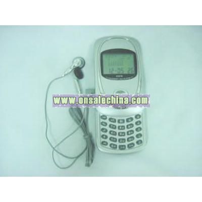 Calculator with calendar world time display music chime FM scan radio and earphone