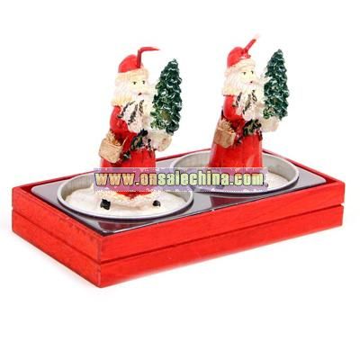 Father Christmas with Tree T-lite, Set of 2 in Wood Tray