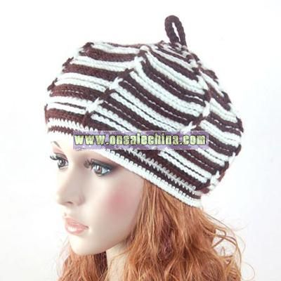 Coffee White Striped Hat Hand knit crochet