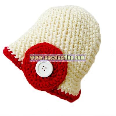 6-12 Month White and Red Baby Button Beanie