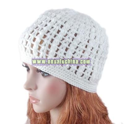 White Hat Hand knit Crochet Beanie Girl