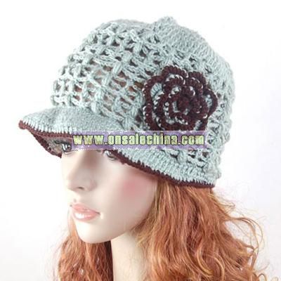 Caddice Hat Hand knit Crochet Beanie Flower