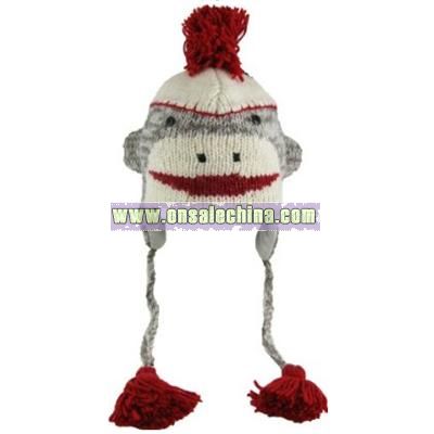 Sock Monkey Face Wool Pilot Animal Cap/Hat with Ear Flaps and Poms