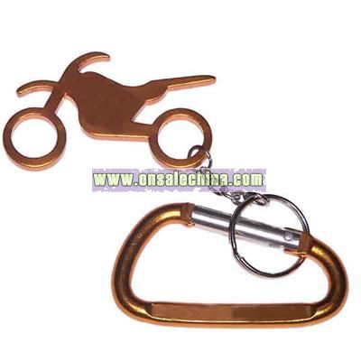 Motorbike shape bottle opener with keychain and carabiner