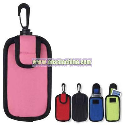 Case, holds cell phone and MP3 players with plastic carabiner clip