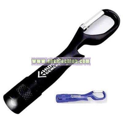 Bottle opener with LED flashlight and carabineer