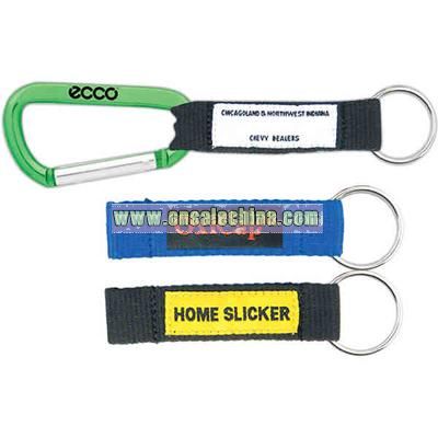 Strap with woven label sewn onto the lanyard attached to carabiner