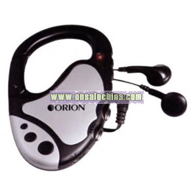 Fm scan carabiner radio with metallic silver trim and ear buds