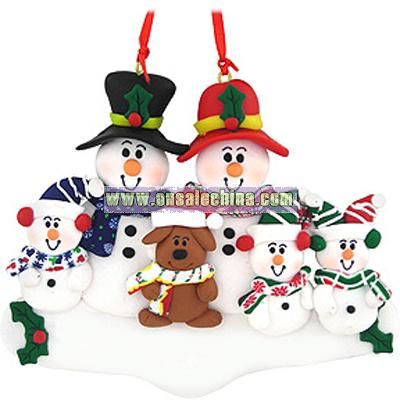 Personalized Snowman Family Of 5 With Dog Ornament