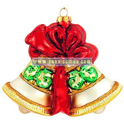 Personalized Gold Bells With Red & Green Glass Ornament