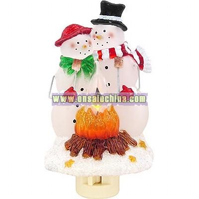 Snowman Couple By Campfire Night Light