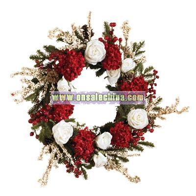 Nearly Natural 24-Inch Artificial Hydrangea Wreath with White Roses