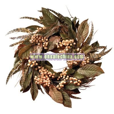 Nearly Natural 24-Inch Artificial Feather and Berry Wreath