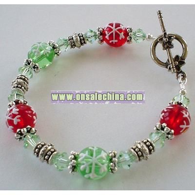 Snowflake Red and Green Lampwork and Swarovski Beaded Bracelet