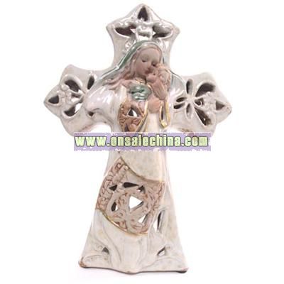 Porcelain Mary and Baby Jesus Cross T Lite Holder