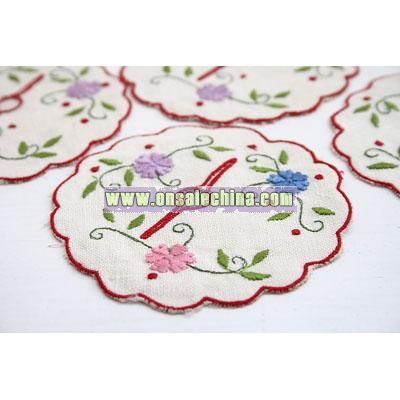 6 Vintage Embroidered Coasters with Scalloped Edges