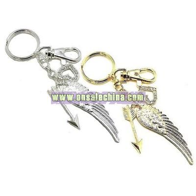 Angel Wing, Crystal Heart and Cupid's Arrow Keychain Purse Charm Silver or Gold