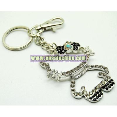 Kitty Outline Crystal Key Chain Purse Charm with Black Bow