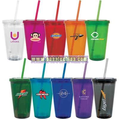 Double wall construction travel mug with threaded lid and straw