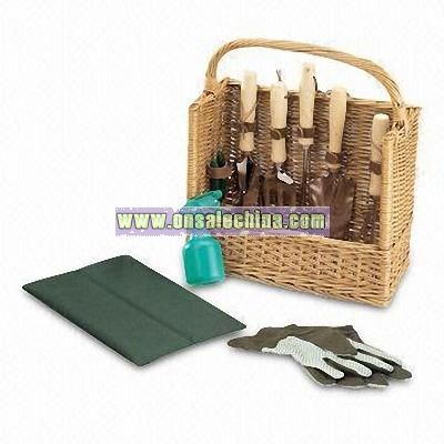 Wicker Basket with Garden Tool Set