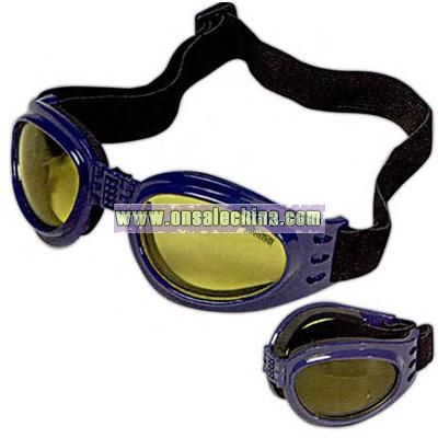 Foldable frame goggles with adjustable head strap and leather nose bridge