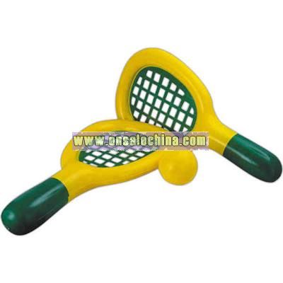 Inflatable yellow tennis racket game with green trim and vinyl ball.