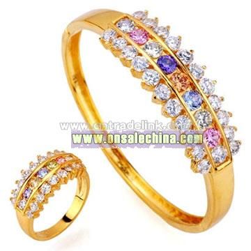 Wholesale Jewelry Colorful CZ 24k Gold Plated Brass Bracelet / Ring Sets