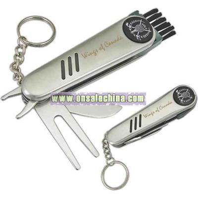 Golf tool with knife and key ring
