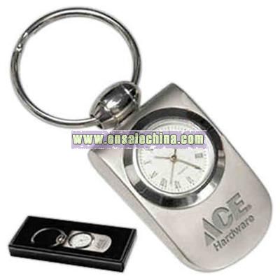 Polished bezel analog clock keychain in matte silver finish