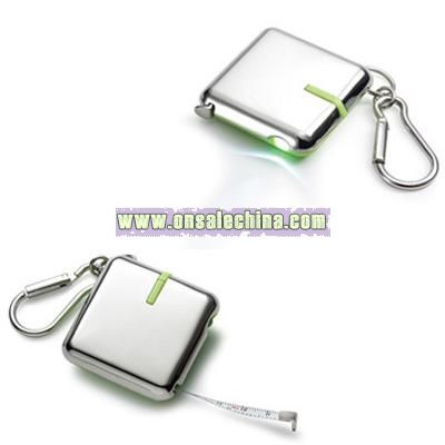Green / Nickel Plated Tape Measure Key Chain w/ White LED