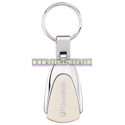 Droplet shaped two-tone chrome key ring with satin nickel decorative plate